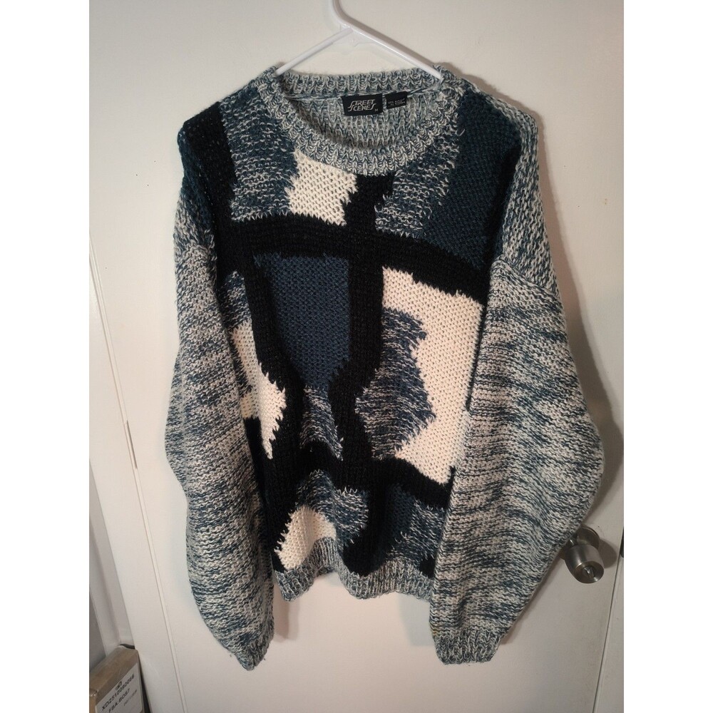 VTG 90s Street Scenes Geometric Chunky Knit Sweater Mens M Grandpa Core Abstract
